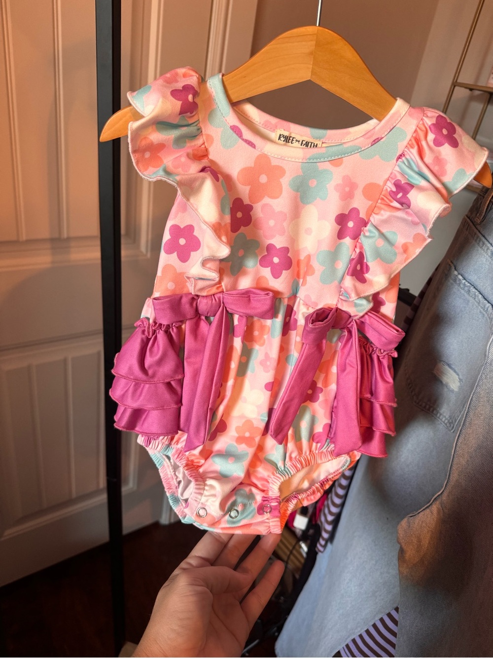 Pink Floral Ruffle One-Piece Bodysuit with Bright Pink Bow Accents